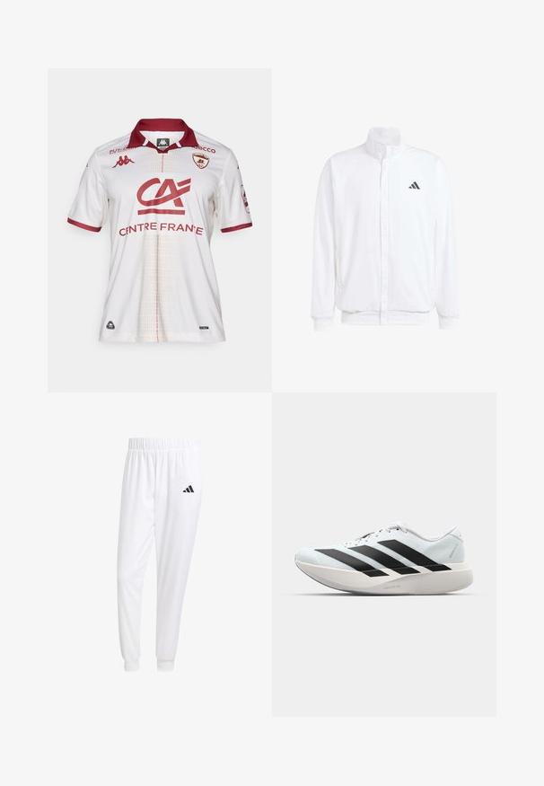 Balta lengva striukė su stovinčiu apykaklės, priekyje užtrauktuku, šoninėmis kišenėmis ir juodu Adidas logotipu kairėje krūtinės pusėje. Minkšta tekstūra.; Baltas futbolo marškinėliai su burgundiškais akcentais, pasižymintys apykakle, komandos logotipais ir tekstūruotu raštu priekyje. Medžiaga atrodo pralaidi orui.; Balti sportiniai keliaraiščiai, pagaminti iš lygios medžiagos, su elastinga liemene ir priglundančiais rankogaliais, ant galinio kišenės yra juodas logotipas.; Lengvi bėgimo batai šviesiai mėlynos spalvos su juodomis juostelėmis. Yra lygus viršus, apvalus pirštas ir storas baltas vidpadis su užrašu "LIGHTSTRIKE PRO."