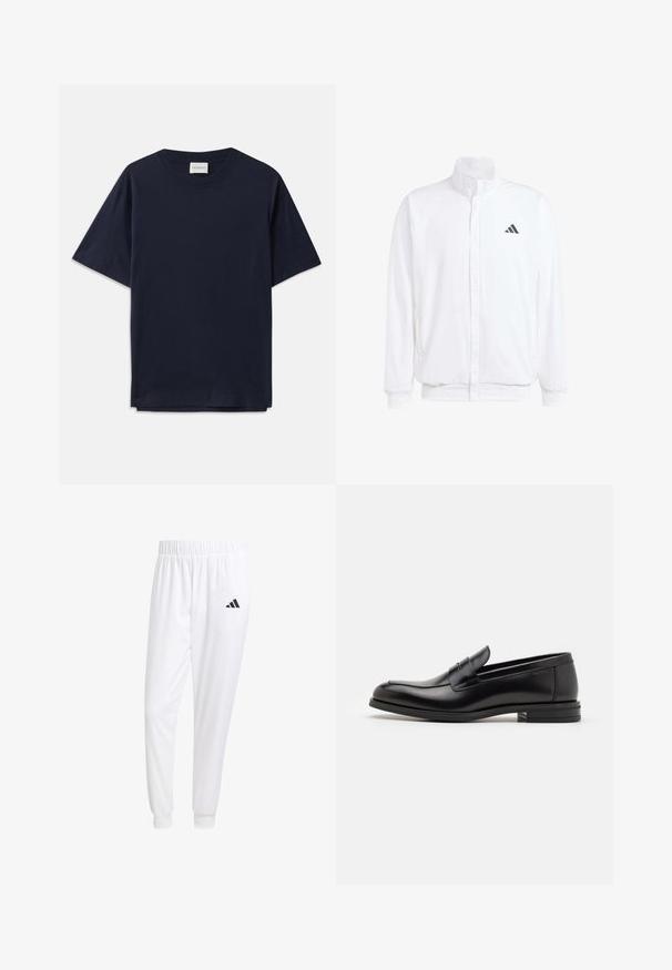 Balts viegls jaciņš ar stāvo apkakli, priekšējo rāvējslēdzēju, sānu kabatām un melnu Adidas logo kreisajā krūtī. Mīksta tekstūra.; T tumšzilā kokvilnas T-kreklu ar īsām piedurknēm, apaļu kakla izgriezumu un brīvu piegriezumu. Uz kakla izgriezuma ir uzrādīts uzraksts "CLOSED". Gluda tekstūra.; Baltas sporta bikses, kas izgatavotas no gludas auduma, ar elastīgu jostu un pieguļošiem uzmavām, ar melnu logotipu aizmugurējā kabatā.; Melnas ādas kurpes ar gludu tekstūru, noapaļu purngalu un dekoratīvu siksniņu pāri priekšpusei. Zems sakrauts papēdis, minimālisma dizains.
