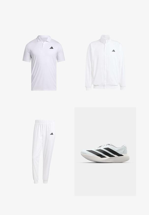 Casaco leve branco com colarinho alto, fecho frontal com zipper, bolsos laterais e um logótipo preto da Adidas no peito esquerdo. Textura suave.; Camisola polo branca feita de tecido respirável com colarinho, com mangas curtas e um logo preto da Adidas no lado esquerdo do peito.; Calças esportivas brancas feitas de tecido suave, com uma cintura elástica e punhos ajustados, apresentando um logo preto no bolso de trás.; Tênis de corrida leves em azul pálido com riscas pretas. Apresentam um cabedal liso, bico redondo e uma entressola espessa branca rotulada como "LIGHTSTRIKE PRO."