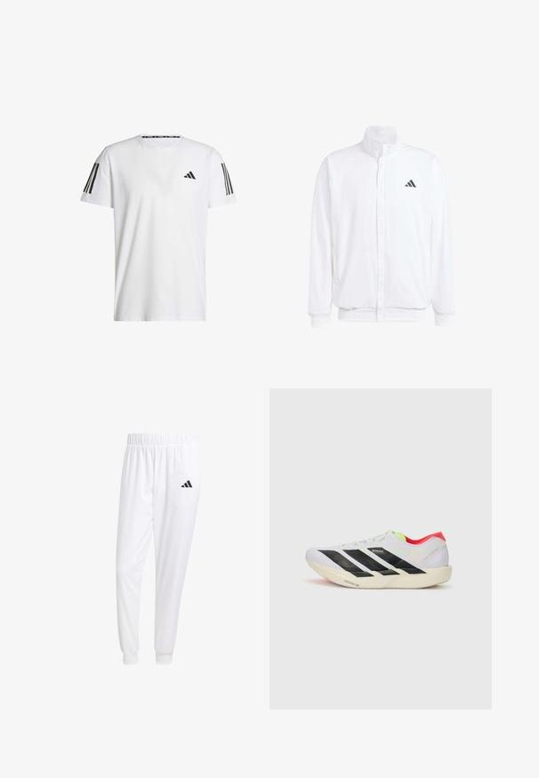Vit lättviktsjacka med ståkrage, framdragkedja, sidofickor och en svart Adidas-logotyp på vänster bröst. Mjuk textur.; Vit T-shirt med kort ärm i ett andningsbart material, med en svart triangulär logotyp och tre svarta ränder på varje axel.; Vita atletiska byxor gjorda av slät tyg, med resårmidja och åtsittande manschetter, samt en svart logotyp på bakfickan.; Vit löparskor med svarta ränder, neongröna accenter och en röd häl. Har en lätt vikt och en strukturerad sula för grepp.