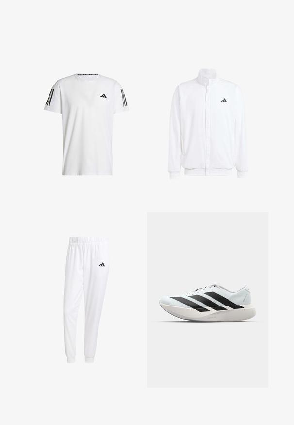 Witte lichtgewicht jas met een staande kraag, voorzijde met rits, zijzakken en een zwart Adidas-logo op de linkerborst. Zachte textuur.; Witte T-shirt met korte mouwen, gemaakt van ademend materiaal, met een zwart driehoekig logo en drie zwarte strepen op elke schouder.; Witte sportbroek van gladde stof, met een elastische tailleband en smalle taillebanden, voorzien van een zwart logo op de achterzak.; Lichte hardloopschoenen in lichtblauw met zwarte strepen. Beschikt over een soepele bovenkant, ronde neusstuk en dikke witte tussenzool met het label "LIGHTSTRIKE PRO."