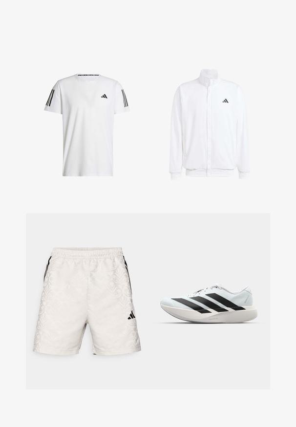 Witte lichtgewicht jas met een staande kraag, voorzijde met rits, zijzakken en een zwart Adidas-logo op de linkerborst. Zachte textuur.; Witte T-shirt met korte mouwen, gemaakt van ademend materiaal, met een zwart driehoekig logo en drie zwarte strepen op elke schouder.; adidas Sportswear TIRO - Korte broeken - grey one/black; Lichte hardloopschoenen in lichtblauw met zwarte strepen. Beschikt over een soepele bovenkant, ronde neusstuk en dikke witte tussenzool met het label "LIGHTSTRIKE PRO."