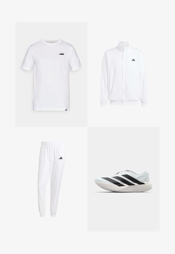 Balta lengva striukė su stovinčiu apykaklės, priekyje užtrauktuku, šoninėmis kišenėmis ir juodu Adidas logotipu kairėje krūtinės pusėje. Minkšta tekstūra.; Trumpas balto medvilnės marškinėliai su apvalia iškirpte ir mažomis juodomis grafikos dizaino detalėmis kairėje krūtinės pusėje. Klasikinis siluetas.; Balti sportiniai keliaraiščiai, pagaminti iš lygios medžiagos, su elastinga liemene ir priglundančiais rankogaliais, ant galinio kišenės yra juodas logotipas.; Lengvi bėgimo batai šviesiai mėlynos spalvos su juodomis juostelėmis. Yra lygus viršus, apvalus pirštas ir storas baltas vidpadis su užrašu "LIGHTSTRIKE PRO."