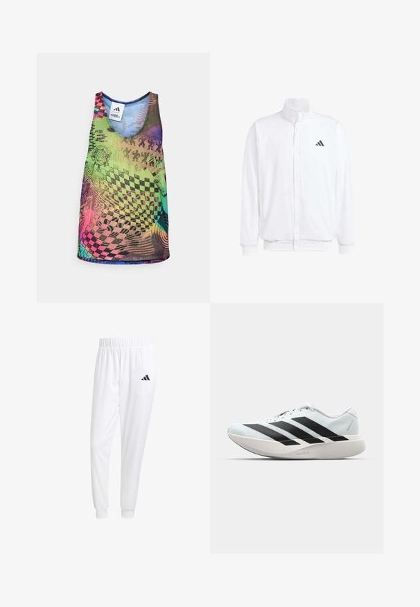 White lightweight jacket featuring a stand collar, front zipper closure, side pockets, and a black Adidas logo on the left chest. Soft texture.; Multicolored tank top featuring vibrant geometric patterns, including checkerboards and swirls, in shades of green, pink, blue, and purple.; White athletic pants made of smooth fabric, featuring an elastic waistband and fitted cuffs, with a black logo on the back pocket.; Lightweight running shoes in pale blue with black stripes. Features a smooth upper, round toe, and thick white midsole labeled "LIGHTSTRIKE PRO."