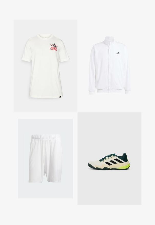 Weiße leichte Jacke mit Stehkragen, durchgehendem Reißverschluss, seitlichen Taschen und schwarzem Adidas-Logo auf der linken Brust. Weicher Stoff.; Weißes Baumwoll-T-Shirt mit kurzen Ärmeln, das ein rotes und schwarzes "Adidas Football"-Logo auf der Brust zeigt. Weicher Stoff, klassischer Schnitt.; Weiße Sportshorts aus leichtem Material, mit elastischem Bund, glatter Textur und knielangem Schnitt.; Tennisschuhe mit einem cremefarbenen Obermaterial, schwarzen Streifen, grünen Akzenten und einer strukturierten Gummisohle für besseren Grip. Hergestellt aus synthetischen Materialien.