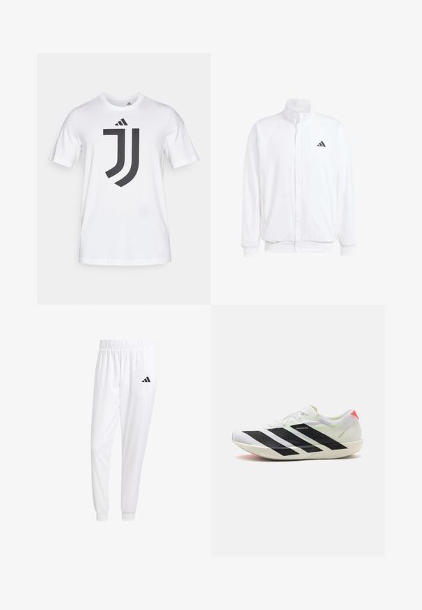 Fehér, könnyű dzseki, álló gallérral, elülső cipzáros záródással, oldalsó zsebekkel és fekete Adidas logóval a bal mellen. Puha tapintású.; Fehér pamut póló rövid ujjakkal, elől nagy fekete Juventus logóval. Kerek nyakú, standard szabású.; Fehér sportnadrág sima anyagból, rugalmas derékpánttal és szűkített bokákkal, a hátsó zsebében fekete logóval.; Fehér sportcipő fekete átlós csíkokkal, könnyű hálós anyaggal, zöld kiemelésekkel és piros saroktáblával; elegáns, megnyúlt dizájnnal rendelkezik.