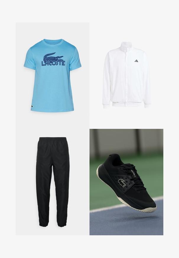 Hvid letvægtsjakke med en ståkrave, frontlynlås, sidelommer og et sort Adidas-logo på venstre bryst. Blød tekstur.; Lyseblå bomulds t-shirt med et marineblåt krokodillelogo og "LACOSTE" tekst. Korte ærmer og rund hals. Subtil tekstur.; Sorte sportsbukser lavet af letvægtsmateriale med elastisk talje og manchetter, der har en glat tekstur og minimal branding.; Sort atletiske sko med en struktureret overdel og glatte elementer, der har et hvidt logo, snørebåndsdesign og fleksibel gummisål.