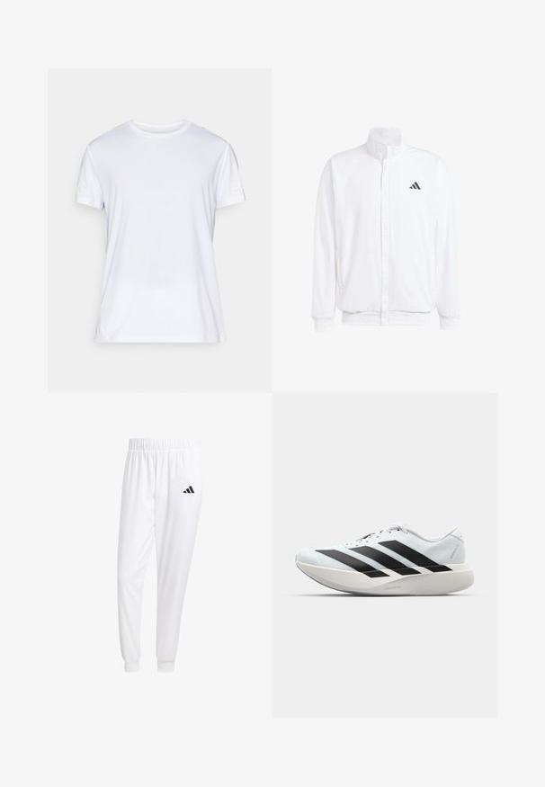 White lightweight jacket featuring a stand collar, front zipper closure, side pockets, and a black Adidas logo on the left chest. Soft texture.; White short-sleeve t-shirt made from lightweight fabric. Features a crew neck and a subtle textured pattern. Logo printed on the sleeve.; White athletic pants made of smooth fabric, featuring an elastic waistband and fitted cuffs, with a black logo on the back pocket.; Lightweight running shoes in pale blue with black stripes. Features a smooth upper, round toe, and thick white midsole labeled "LIGHTSTRIKE PRO."