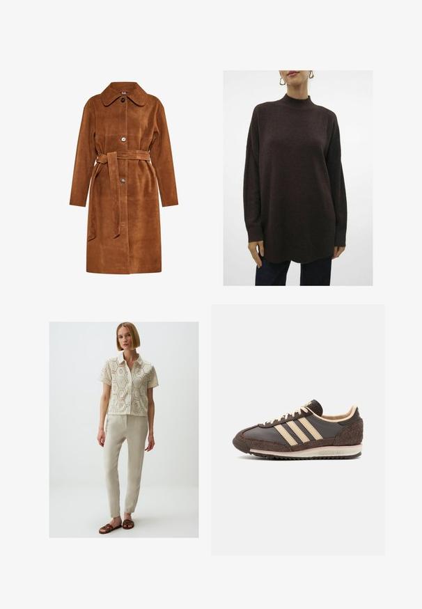 Trench coat in camoscio marrone con colletto classico, chiusura a singolo bottone e cintura coordinata. Presenta tasche laterali e una linea dritta.; Maglioncino over-size marrone scuro in maglia con una texture, colletto alto, spalle scese e polsini a costine. Finisce con una leggera curvatura all'orlo.; Blusa a maniche corte con motivo in pizzo di colore crema, con colletto. Abbinata a pantaloni beige slim-fit e sandali intrecciati marroni.; Sneaker atletico marrone con tomaia in pelle e suede, design a tre strisce crema, suola testurizzata e collo imbottito.