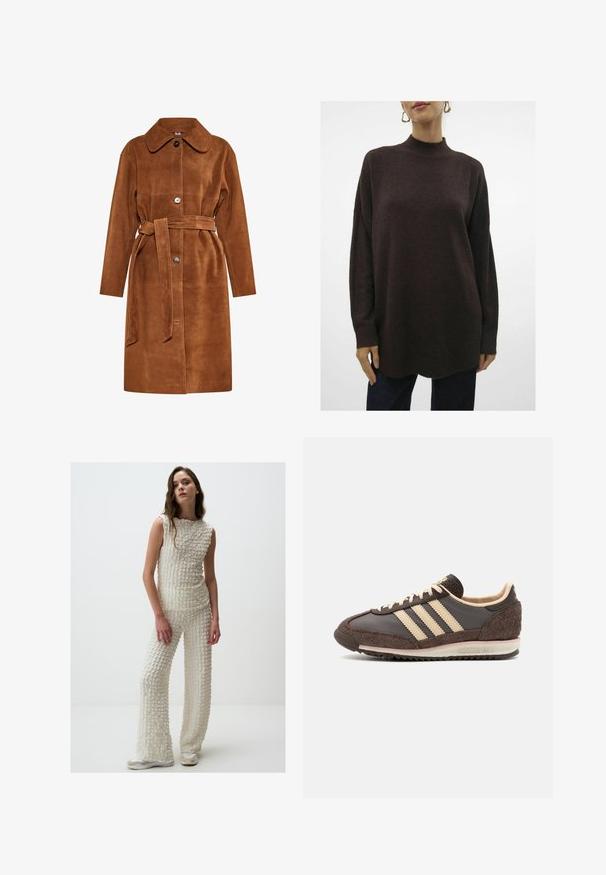 Trench coat in camoscio marrone con colletto classico, chiusura a singolo bottone e cintura coordinata. Presenta tasche laterali e una linea dritta.; Maglioncino over-size marrone scuro in maglia con una texture, colletto alto, spalle scese e polsini a costine. Finisce con una leggera curvatura all'orlo.; Completo lavorato a maglia bianco con texture, composto da un top senza maniche e pantaloni a gamba larga. Il tessuto presenta un motivo in rilievo, abbinato a calzature di colore chiaro.; Sneaker atletico marrone con tomaia in pelle e suede, design a tre strisce crema, suola testurizzata e collo imbottito.