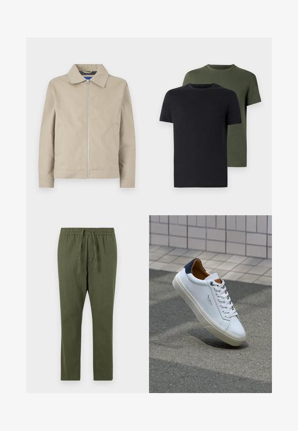 Beige, letvægtsjakke med krave, lynlås foran og sidelommer. Lavet af glat stof med et rent, minimalistisk design.; To stykker crew-neck t-shirts i sort og olivengrøn, lavet af blødt bomuldsstof. Designet er enkelt med korte ærmer og lige skæring.; Olivengrønne bukser med elastisk talje og justerbar snor; lige ben og en glat, blød stofstruktur.; Hvide lædersneakers med en marineblå hæl, rund tå og kontrasterende brune detaljer. Har flade snørebånd og en tekstureret gummisål.