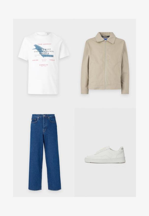 Šviesiai rudos, lengvos striukės su apykakle, užtrauktuku priekio ir šoninėmis kišenėmis. Pagaminta iš lygaus audinio, su švariu, minimalistiniu dizainu.; Baltas medvilnės marškinėliai su mėlynos spalvos lėktuvo grafika ir raudonu tekstu. Dizaino detalėse yra aviacijos tema ir įvairūs spausdinimo dydžiai.; Palaidinės blauzdos džinsai, pagaminti iš denim, pasižymintys aukštu liemeniu, penkių kišenių dizainu ir kontrastinga siuvimo linija aplink siūles ir kišenes.; Balti odiniai sportiniai bateliai su lygia apdaila, apvaliu pirštu, plokščiais raišteliais ir tekstūruotu padu. Pasižymi subtiliu logotipu ant kulno.