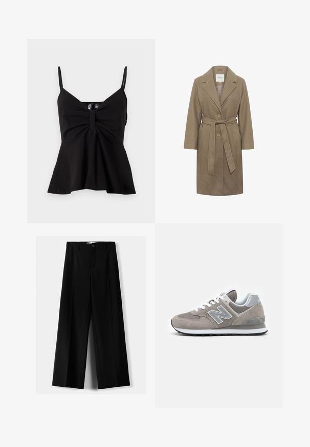 Kakhi övvel ellátott kabát, kifordított gallérral, két kerek gombbal és oldalsó zsebekkel. Simaság jellemzi és szabott, elegáns fazonnal rendelkezik.; Fekete ujjatlan felső V-kivágással, pliszézett elejével és bővülő szegéllyel. Sima, rugalmas anyagból készült, vékony állítható pántokkal.; Fekete, bő szárú nadrág, könnyű anyagból, elöl gombos záródással és sima elfröccsenésű fazonnal, szépen varrott szegélyekkel.; Szürke sportcipő hálós és velúrból készült felsőrésszel, kiemelkedő világosszürke "N" logóval, fehér cipőfűzőkkel és fekete gumitalppal.