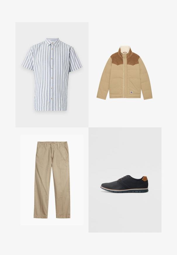 Lys beige pufferjakke med en brun kordfløyelsdetalj, høy krage og fleecefôr. Har trykknapper og sidelommer.; Kortermet skjorte i lyseblå og hvite striper, med knappelukking foran og beige knapper. Laget av strukturert stoff.; Beige straight-leg chinos med beltehemper, frontlukking med knapp og glidelås, og skrå frontlommer.; Sorte syntetiske sko med en teksturert overdel, glatte detaljer, brun hæl og en kontrastfarge på sålen. Har minimalt snøring og sømdetaljer.