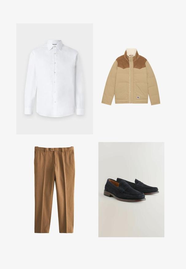 Gai bēšas pūšamā jakas ar brūnas kordūras yoku, augstu apkakli un šerlinga odere. Iespējami spiedpogas aizdari un sānu kabatas.; Balta garenā piedurkne krekls ar klasisku apkakli, pogu aizdari un noapaļotu apakšmalu. Izgatavots no gludas kokvilnas auduma bez rakstiem.; Brūnas bikses ar teksturētu audumu, brīva piegriezuma, vienu pogu aizdari un jostas cilpām. Satur sānu kabatas un taisnas kājas dizainu.; Jūras zilo zamšādas loafers ar strukturētu ādas joslu, zemu koka papēdi un dekoratīvu šuvumu detaļu, kas demonstrē klasisku slip-on dizainu.