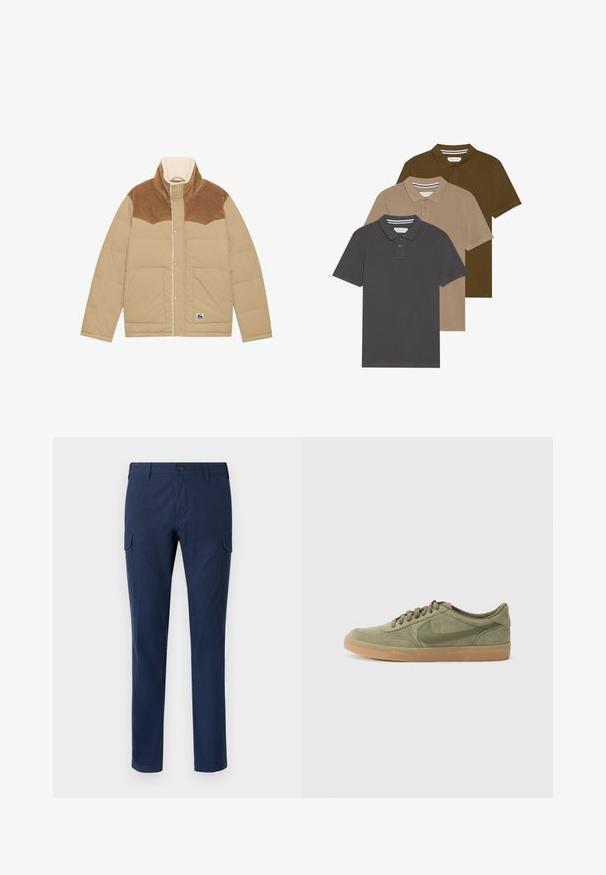 Svijetlosmeđi puffer sako s smešnim koredurama, visokim ovratnikom i podstavom od ovčje vune. Ima kopčanje na dugmadi i bočne džepove.; Tri ponovno složena polo majica: tamno siva, bež i maslinasto zelena. Kratak rukav, ovratnici sa dva dugmeta, pamučni materijal.; Mornarske cargo hlače od pamuka, s bočnim džepovima, kopčanjem na gumb, ravnim nogavicama i glatkom teksturom.; Zelene suède tenisice s gumiranim potplatom, okruglim vrhom i dizajnom na vezanje. Imaju Nikeov prepoznatljivi logo u tamnije zelenoj boji.