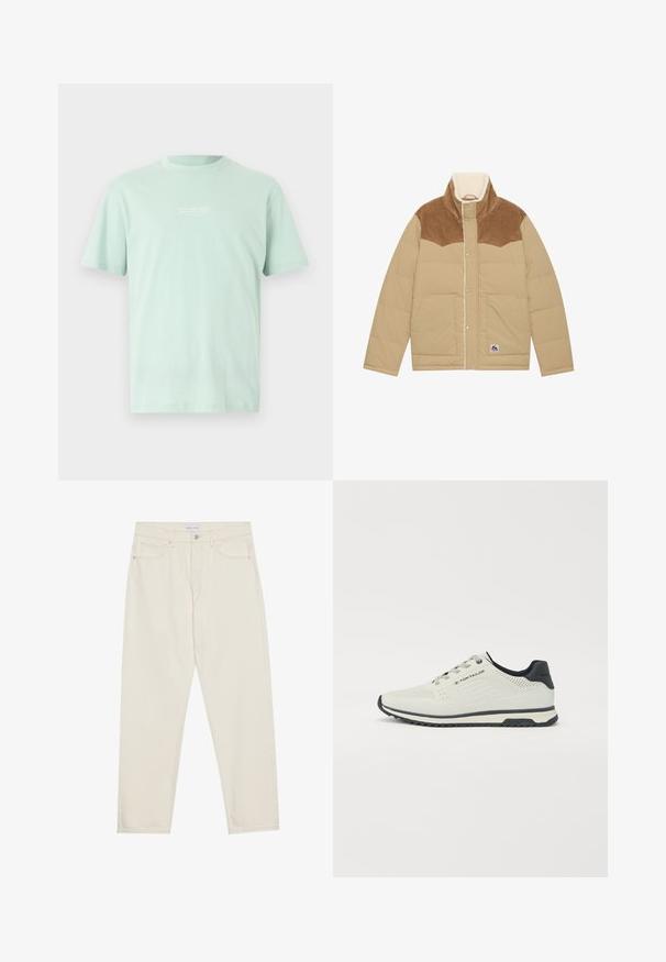 Šviesiai kreminis pūkuotas švarkas su ruduojo kordūrojo apykakle, aukštu kaklu ir šeršelio pamušalu. Yra snapų užsegimai ir šoninės kišenės.; Šviesiai mėtų žalios spalvos medvilninė marškinėliai su apvalia iškirpte, trumpomis rankovėmis ir mažo balto teksto grafika ant krūtinės. Lygus paviršius ir laisvas siluetas.; Bežiniai džinsai su tiesia koja, turintys penkis kišenių, mygtukų užtrauktuką ir subtilius siuvimo akcentus. Lygus paviršius.; Šviesiai pilkos sportinės bateliai su perforuotu dizainu, juodomis detalėmis, tekstūruotu padu ir batų raištelių sistema. Logotipas matomas šone.