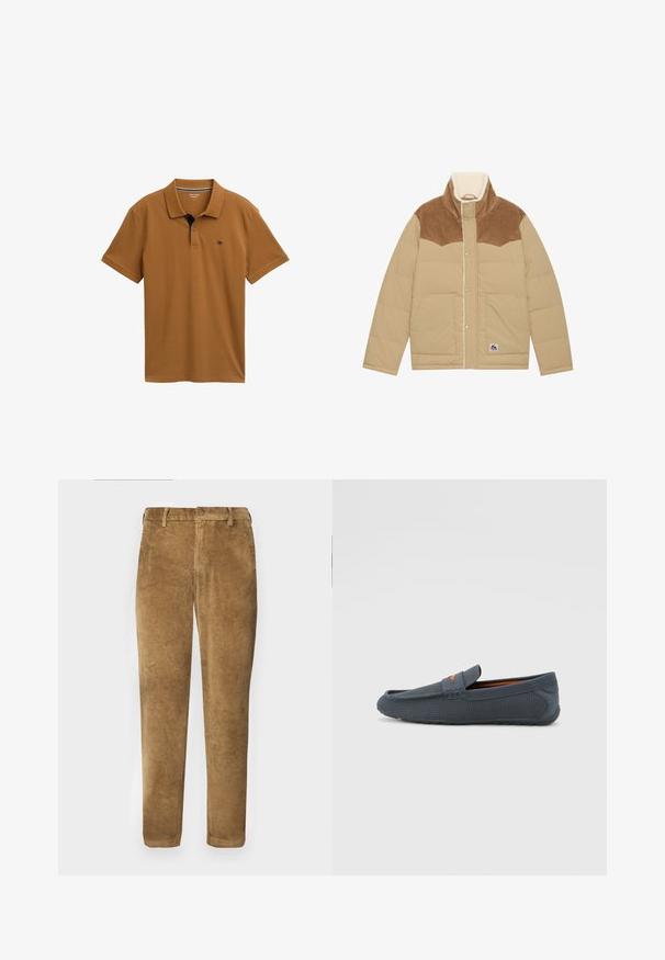 Világos bézs színű puffernadrág, barna kordbársony vállrésszel, magas gallérral és gyapjúbéléssel. Patentos záródással és oldalsó zsebekkel rendelkezik.; Barna pólóing sima pamutból, klasszikus gallérral, háromgombos légzéssel és kontrasztos tengerészkék részletekkel a gallérnál.; Barna kordbársony nadrág, függőleges bordázott textúrával, egyenes szabással, gombos záródással és övhurkokkal. Simított anyag, kellemes tapintású.; Szürke perforált lófarok, slip-on kialakítással, narancssárga kiegészítővel, lekerekített orral és textúrált gumitalppal.