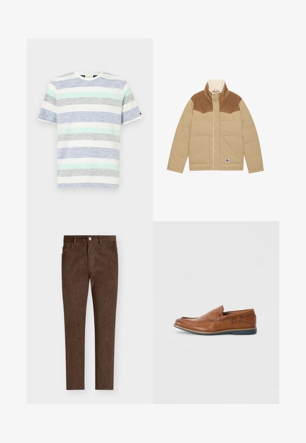 Lichtbeige pufferjack met een bruine corduroy schouderpartij, hoge kraag en een voering van schapenvacht. Beschikt over drukknoopsluitingen en zijzakken.; Gestreepte t-shirt in het wit, met horizontale banden van lichtblauw, mintgroen, grijs en donkerblauw. Korte mouwen en een ronde hals.; Bruine corduroy broek met een rechte snit, voorzien van een knoopsluiting, voorzakken en een verticale ribbelstructuur door het hele ontwerp.; Bruine leren instappers met een ronde neus, gestikte details en een lage rubberen zool. Het ontwerp heeft een band over de bovenkant.