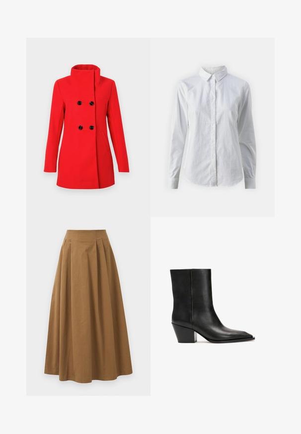 Piros gyapjú kabát magas gallérral, dupla soros fekete gombokkal az elején, két oldalzsebbel és testhezálló szabással.; Fehér, sima pamutből készült gombos ing, klasszikus gallérral, hosszú ujjakkal és ívelt hemvéggel. A gombok kicsik és fehérek.; Barna pamut A-vonalú szoknya magas derékkal, elöl pliszézett és sima textúrával. Az alsó szegélyek letisztultak és egyszerűek.; Fekete bőrből készült bokacsizma sima textúrával, négyzet alakú orral és geometrikus, vastag sarkkal. Letisztult dizájn, látható fémalkatrészek vagy minták nélkül.