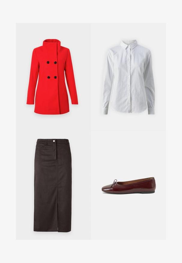 Casaco vermelho de lã com gola alta, frente dupla com botões pretos, dois bolsos laterais e corte ajustado.; Camisa branca de botão feita de algodão suave, com colarinho clássico, mangas longas e bainha curva. Os botões são pequenos e brancos.; Saia castanha até ao joelho, feita de tecido liso. Apresenta uma fenda frontal, fecho de botão e bolsos laterais para maior funcionalidade.; Bailarinas em couro sintético borgonha com bico redondo, pequeno laço na frente e sola baixa em borracha preta. Textura suave.