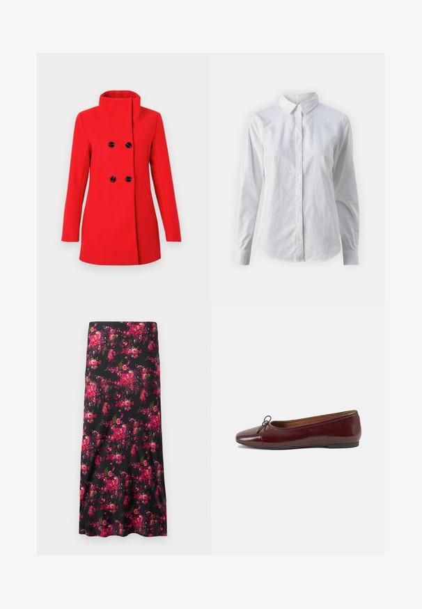 Rød uldfrakke med høj krave, dobbeltradet front med sorte knapper, to sidelommer og en skræddersyet pasform.; Hvid skjorte med knapper lavet af glat bomuld, der har en klassisk krave, lange ærmer og en buet kant. Knapperne er små og hvide.; Blomstermidi-nederdel i sort med et livligt mønster af pink og røde blomster. Glat stof, A-formet silhuet med en bred kant.; Bordeaux patentlæder balletflad med rund tå, lille sløjfeaccent foran og en lav, sort gummisål. Glat tekstur.