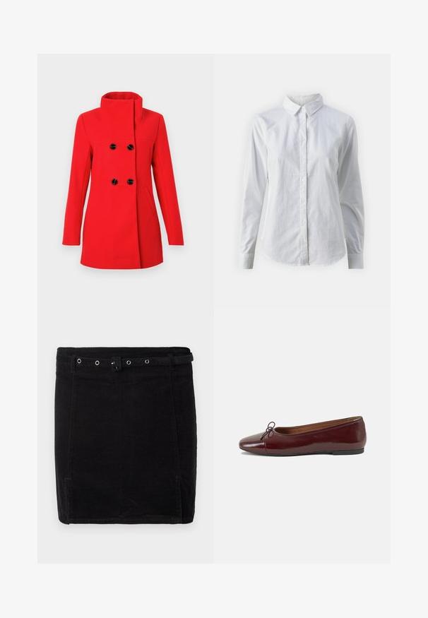 Cappotto rosso in lana con collo alto, davanti doppiopetto con bottoni neri, due tasche laterali e vestibilità sagomata.; Camicia bianca con bottoni, realizzata in cotone liscio, dotata di un colletto classico, maniche lunghe e orlo curvo. I bottoni sono piccoli e bianchi.; Gonna di velluto a coste nera con design aderente, presenta una cintura, dettagli in argento e una sottile texture a costine verticali.; Ballerine in pelle verniciata bordeaux con punta arrotondata, piccolo fiocco decorativo sulla parte anteriore e suola bassa in gomma nera. Texture liscia.