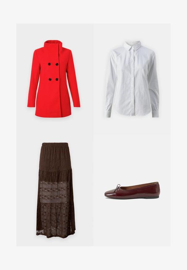 Red wool coat featuring a high collar, double-breasted front with black buttons, two side pockets, and a tailored fit.; White button-up shirt made of smooth cotton, featuring a classic collar, long sleeves, and a curved hem. Buttons are small and white.; Brown lace maxi skirt with a tiered design, featuring a smocked waistband and wavy patterns throughout the fabric. Lightweight and semi-sheer.; Burgundy patent leather ballet flat with a rounded toe, small bow accent at the front, and a low, black rubber sole. Smooth texture.