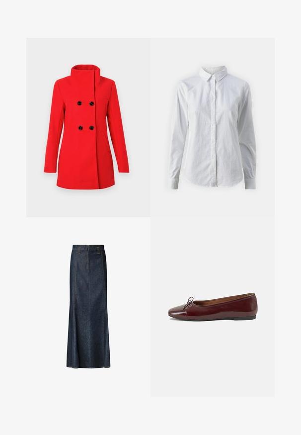 Sarkans vilnas mētelis ar augstu apkakli, divrindu aizdari ar melniem pogām, divām sānu kabatām un pieguļošu siluetu.; Balta pogājamā krekla augšdaļa, izgatavota no gluda kokvilnas, ar klasisku apkakli, garām piedurknēm un izliekto apakšmalu. Pogas ir mazas un baltas.; Tumši zila džinsa midi svārki ar pieguļošu jostasvietu, redzamām šuvēm un taisnu siluetu. Iespējamais priekšējais rāvējslēdzis un kabatas.; Burgundijas laku ādas baleta kurpes ar noapaļotu purngalu, nelielu loku akcentu priekšā un zemu melnu gumijas zoli. Gluda tekstūra.