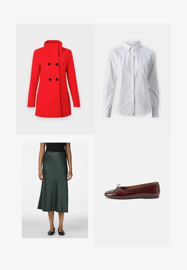 Red wool coat featuring a high collar, double-breasted front with black buttons, two side pockets, and a tailored fit.; White button-up shirt made of smooth cotton, featuring a classic collar, long sleeves, and a curved hem. Buttons are small and white.; Satin green midi skirt with a smooth texture, slightly flared hem, and a side slit, paired with black flat shoes.; Burgundy patent leather ballet flat with a rounded toe, small bow accent at the front, and a low, black rubber sole. Smooth texture.