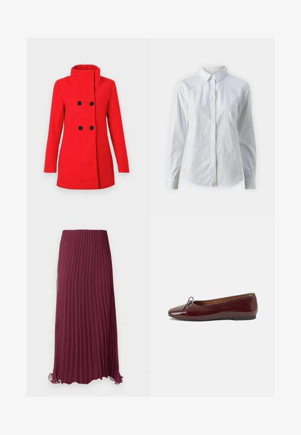Rød ullkåpe med høy krage, dobbelspent front med svarte knapper, to sidelommer og en skreddersydd passform.; Hvit skjorte med knapper laget av glatt bomull, med klassisk krage, lange ermer og buet skjær. Knapper er små og hvite.; Lang burgunderfarget plissert skjørt laget av lett materiale med elastisk liv og en lett volangkant. Teksturert vertikale folder gjennom hele.; Burgunderrød lakk lær ballettleilighet med rund tå, liten sløyfe foran og en lav, svart gummisåle. Glatt tekstur.