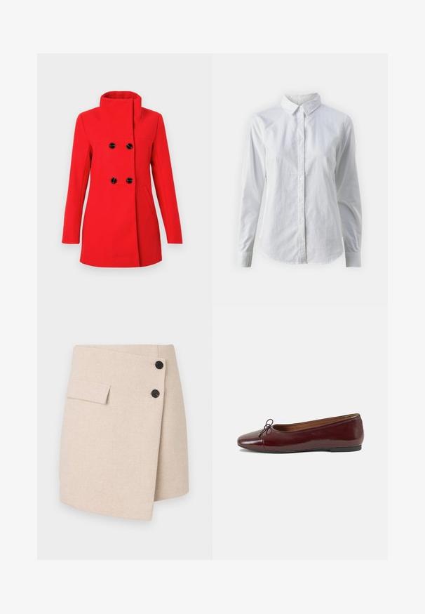 Punane villane mantel, millel on kõrge krae, kahekordse ridadega esitükk mustade nuppudega, kaks küljetaskut ja vormis lõige.; Valge nööpidega särk, mis on valmistatud siledast puuvillast. Särgil on klassikaline krae, pikad varrukad ja kaarduv äär. Nöödid on väikesed ja valged.; Beež kleit, millel on tekstuurne kangas, küljetasku, kaks musta nuppu ja veidi kaardus ääreline.; Burgundi patendnahk kingad balletitüüpi, ümmarguse ninaosa, ees väike paelaaktsent ja madal must kummist tald. Sile tekstuur.