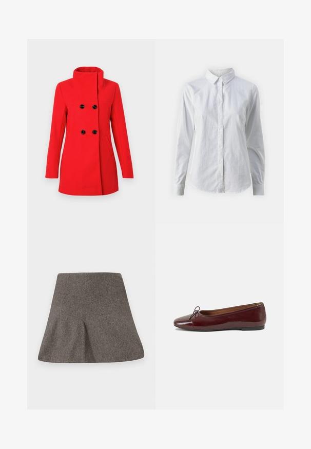 Raudonas vilnonis paltas su aukštu apykakliu, dvieiliais juodais mygtukais priekyje, dviem šoniniais kišenėmis ir pritaikytu kirpimu.; Balta marškinėliai su mygtukais, pagaminti iš lygios medvilnės, su klasikiniais apykaklės, ilgomis rankovėmis ir lenktu kraštu. Mygtukai maži ir balti.; Pilkos vilnonės A formos sijonas su plačiu juosmeniu ir lengvu tekstūros efektu, išklotas ant baltos fono.; Bordo lakiotos odos baleto bateliai su apvalia nosimi, maža kaspinėlio akcentu priekyje ir žema juoda guma padanga. Lygi tekstūra.