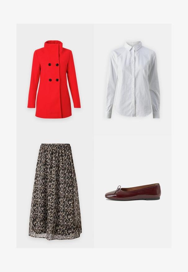 Cappotto rosso in lana con collo alto, davanti doppiopetto con bottoni neri, due tasche laterali e vestibilità sagomata.; Camicia bianca con bottoni, realizzata in cotone liscio, dotata di un colletto classico, maniche lunghe e orlo curvo. I bottoni sono piccoli e bianchi.; Gonna midi nera realizzata in tessuto leggero, con un motivo floreale in beige e crema. Fascia in vita elastica per una vestibilità regolabile.; Ballerine in pelle verniciata bordeaux con punta arrotondata, piccolo fiocco decorativo sulla parte anteriore e suola bassa in gomma nera. Texture liscia.