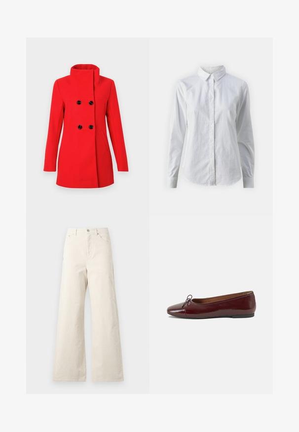 Cappotto rosso in lana con collo alto, davanti doppiopetto con bottoni neri, due tasche laterali e vestibilità sagomata.; Camicia bianca con bottoni, realizzata in cotone liscio, dotata di un colletto classico, maniche lunghe e orlo curvo. I bottoni sono piccoli e bianchi.; Pantaloni beige a gamba larga in cotone, con chiusura frontale a bottone, tasche laterali e una texture liscia. Design minimalista senza motivi.; Ballerine in pelle verniciata bordeaux con punta arrotondata, piccolo fiocco decorativo sulla parte anteriore e suola bassa in gomma nera. Texture liscia.