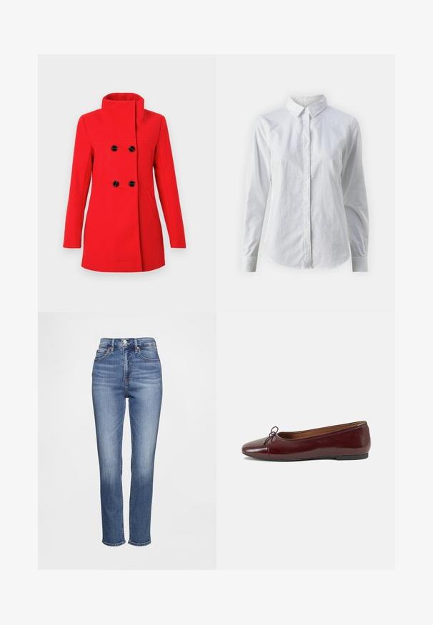 Punane villane mantel, millel on kõrge krae, kahekordse ridadega esitükk mustade nuppudega, kaks küljetaskut ja vormis lõige.; Valge nööpidega särk, mis on valmistatud siledast puuvillast. Särgil on klassikaline krae, pikad varrukad ja kaarduv äär. Nöödid on väikesed ja valged.; Kõrge vöökohaga sinised teksad, valmistatud denimist, sisaldavad klassikalist viie taskuga disaini, peenet kohanimist ja sirge säärega lõiget.; Burgundi patendnahk kingad balletitüüpi, ümmarguse ninaosa, ees väike paelaaktsent ja madal must kummist tald. Sile tekstuur.