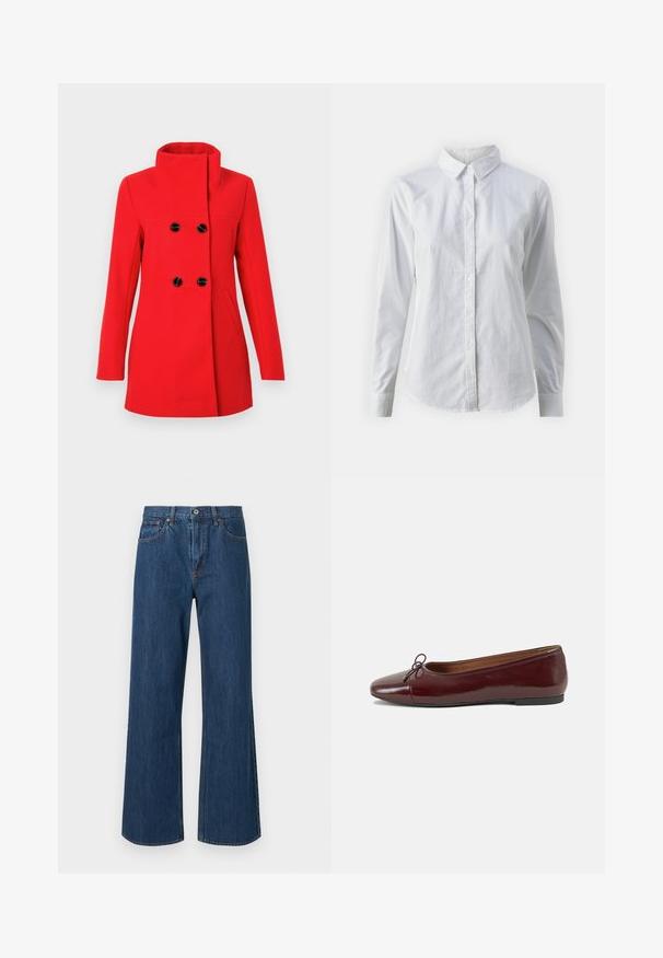 Raudonas vilnonis paltas su aukštu apykakliu, dvieiliais juodais mygtukais priekyje, dviem šoniniais kišenėmis ir pritaikytu kirpimu.; Balta marškinėliai su mygtukais, pagaminti iš lygios medvilnės, su klasikiniais apykaklės, ilgomis rankovėmis ir lenktu kraštu. Mygtukai maži ir balti.; Platus džinsų modelis vidutinio mėlynumo spalvos, su aukštu liemeniu, priekinėmis kišenėmis ir subtiliais siuvinėjimo akcentais. Lygus audinys su apvaliais kraštais.; Bordo lakiotos odos baleto bateliai su apvalia nosimi, maža kaspinėlio akcentu priekyje ir žema juoda guma padanga. Lygi tekstūra.