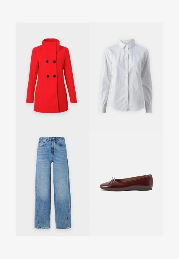 Sarkans vilnas mētelis ar augstu apkakli, divrindu aizdari ar melniem pogām, divām sānu kabatām un pieguļošu siluetu.; Balta pogājamā krekla augšdaļa, izgatavota no gluda kokvilnas, ar klasisku apkakli, garām piedurknēm un izliekto apakšmalu. Pogas ir mazas un baltas.; Augsta vidukļa, gaiši zilas, platlegu džinsi ar priekšējiem kabatām, jostu cilpiņām, pogu aizdari un redzamām šuvju detaļām.; Burgundijas laku ādas baleta kurpes ar noapaļotu purngalu, nelielu loku akcentu priekšā un zemu melnu gumijas zoli. Gluda tekstūra.