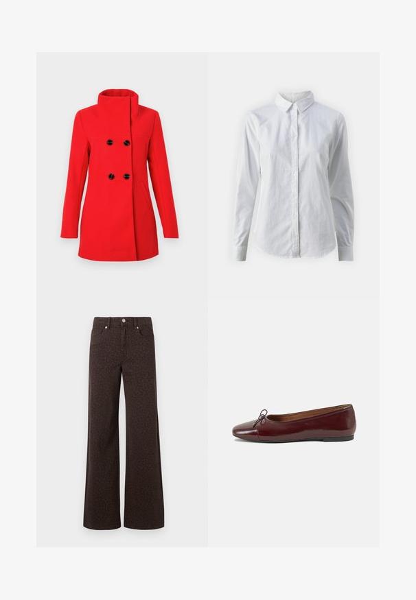 Rdeč volnen plašč z visokim ovratnikom, dvorednim sprednjim delom s črnimi gumbi, dvema stranskima žepoma in krojenim pasom.; Bela srajca z gumbki, narejena iz gladkega bombaža, s klasičnim ovratnikom, dolgimi rokavi in ukrivljenim robom. Gumbi so majhni in beli.; Rjave široke kavbojke z diskretnim leopardjim vzorcem, izdelane iz denima z gladko teksturo in klasičnim pet-pocket dizajnom.; Burgundska patenti usnjeni baletni čevlji z zaobljenim prstom, majhnim lokom na sprednji strani in nizkim črnim gumijastim podplatom. Gladka tekstura.