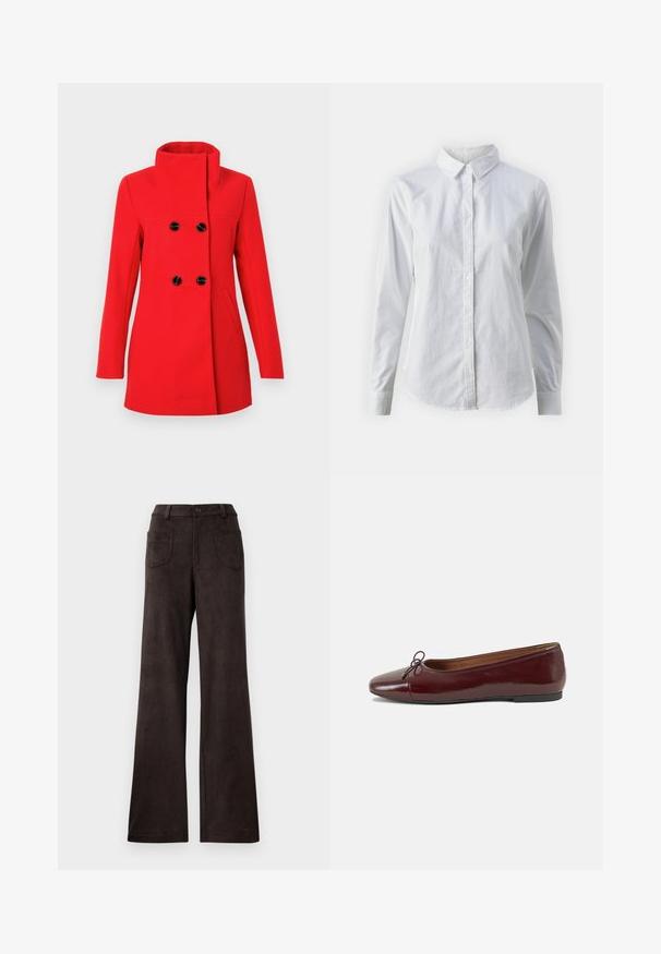 Manteau en laine rouge avec col montant, devant croisé à double boutonnage avec boutons noirs, deux poches latérales et coupe cintrée.; Chemise blanche à manches longues en coton lisse, dotée d'un col classique et d'un ourlet arrondi. Les boutons sont petits et blancs.; Pantalons à large jambe marron en tissu doux et texturé. Les caractéristiques incluent une fermeture à bouton et deux poches avant.; Ballerines en cuir verni bordeaux avec un bout rond, un petit nœud décoratif à l'avant et une semelle en caoutchouc noire basse. Texture lisse.