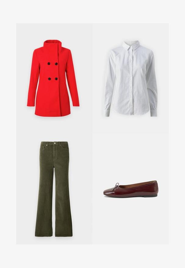 Punane villane mantel, millel on kõrge krae, kahekordse ridadega esitükk mustade nuppudega, kaks küljetaskut ja vormis lõige.; Valge nööpidega särk, mis on valmistatud siledast puuvillast. Särgil on klassikaline krae, pikad varrukad ja kaarduv äär. Nöödid on väikesed ja valged.; Olivroheline kallutatud puuvillane põllukangas, millel on sile tekstuur, ees taskud ja metallne nööbiseos vööl.; Burgundi patendnahk kingad balletitüüpi, ümmarguse ninaosa, ees väike paelaaktsent ja madal must kummist tald. Sile tekstuur.