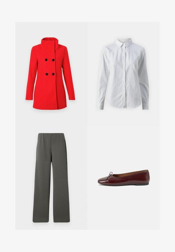Abrigo de lana rojo con cuello alto, cierre cruzado con botones negros, dos bolsillos laterales y corte entallado.; Camisa blanca de botones hecha de algodón suave, con un cuello clásico, mangas largas y un dobladillo curvado. Los botones son pequeños y blancos.; Pantalones de pierna ancha de tiro alto en gris oscuro con cinturilla elástica, dispuestos sobre un fondo blanco.; Bailarina de charol burdeos con punta redonda, pequeño lazo en la parte frontal y una suela baja de goma negra. Textura suave.