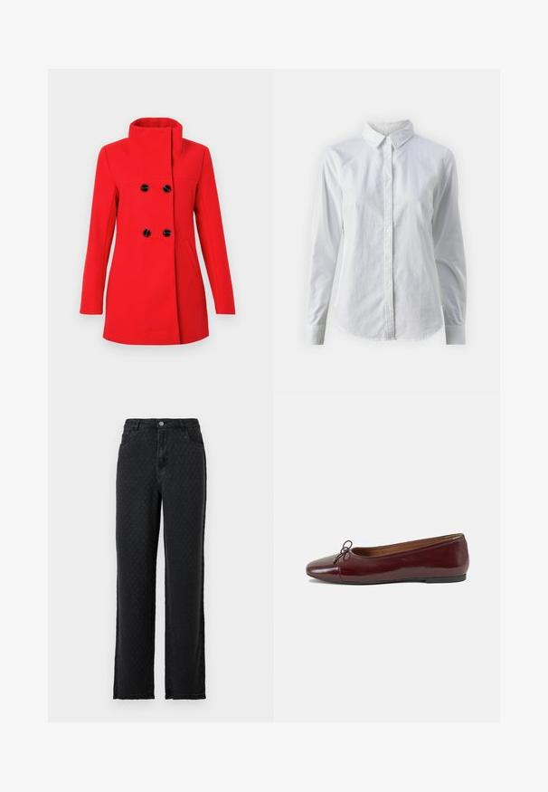 Röd ullkappa med hög krage, dubbelknäppt fram med svarta knappar, två sidofickor och en skräddarsydd passform.; Vit skjorta med knappar, tillverkad av mjuk bomull, med klassisk krage, långa ärmar och en böjd fåll. Knapparna är små och vita.; Svarta texturerade vida jeans med framfickor och knappstängning på en enfärgad bakgrund.; Burgunderfärgad lackläderballettskor med rund tå, liten rosettdekoration fram och en låg, svart gummisula. Slät textur.