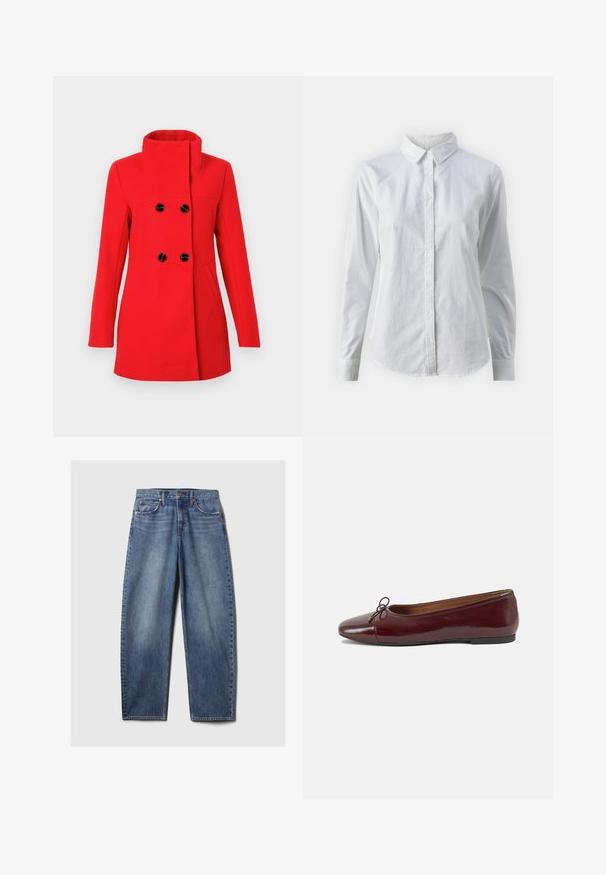 Sarkans vilnas mētelis ar augstu apkakli, divrindu aizdari ar melniem pogām, divām sānu kabatām un pieguļošu siluetu.; Balta pogājamā krekla augšdaļa, izgatavota no gluda kokvilnas, ar klasisku apkakli, garām piedurknēm un izliekto apakšmalu. Pogas ir mazas un baltas.; Zilās džinsās ar brīvu piegulšanu, piecas kabatas, vara kniedes un izbalējusi krāsa. Taisnas kājas ar gludu apdari.; Burgundijas laku ādas baleta kurpes ar noapaļotu purngalu, nelielu loku akcentu priekšā un zemu melnu gumijas zoli. Gluda tekstūra.