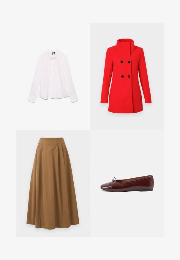 Cappotto rosso in lana con collo alto, davanti doppiopetto con bottoni neri, due tasche laterali e vestibilità sagomata.; Camicia bianca a maniche lunghe in cotone, con colletto classico, chiusura a bottoni sul davanti e una vestibilità leggermente rilassata. Tessuto liscio senza motivi.; Gonna A-line in cotone marrone con vita alta, caratterizzata da pince sulla parte anteriore e una texture liscia. Le finiture dell'orlo sono pulite e semplici.; Ballerine in pelle verniciata bordeaux con punta arrotondata, piccolo fiocco decorativo sulla parte anteriore e suola bassa in gomma nera. Texture liscia.
