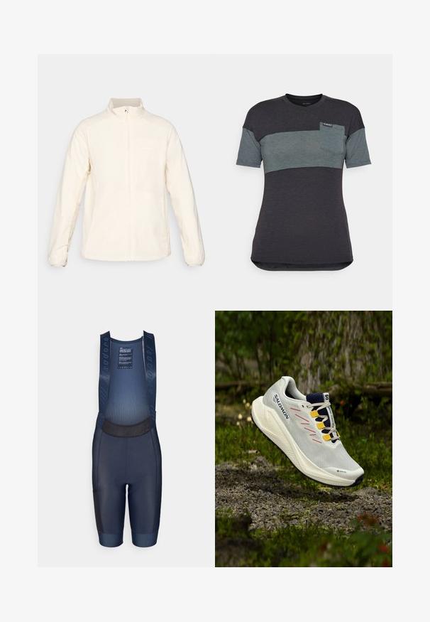 Bílá lehká bunda s vysokým límcem, plným zipem vpředu, dlouhými rukávy, s náprsní kapsou a diskrétním logem na horní levé straně.; Tričko s krátkým rukávem ve tmavě šedé a tyrkysové barvě s horizontálním barevným blokem, s náprsní kapsou a štítkem na límci.; Námořnické cyklistické šortky s kšandy vyrobené z elastického materiálu, s polstrovaným sedadlem, síťovanou horní částí a černými akcenty na nohavicích a postranních kapsách.; Bílé běžecké boty s šedými a růžovými akcenty, značka GORE-TEX, síťovaná svrchní část a texturovaná podrážka, navržené pro venkovní terén.