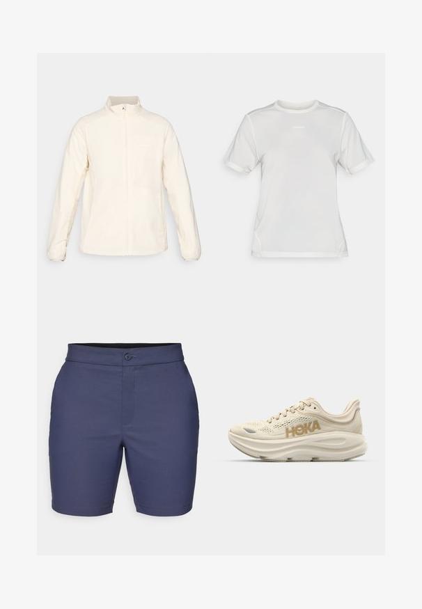 Veste légère blanche avec un col montant, fermeture éclair intégrale à l'avant, manches longues, dotée d'une poche poitrine et d'un logo discret sur le côté supérieur gauche.; T-shirt de sport à manches courtes en mesh blanc, avec col rond et petit logo "Salomon" centré sur la poitrine.; Shorts bleu marine en tissu lisse, avec une fermeture à bouton, des passants de ceinture et une coupe ajustée avec un ourlet net.; Baskets de course beige clair avec tige en mesh, col rembourré, logo "HOKA" en or bien en évidence, et semelle épaisse et rembourrée pour plus de confort.