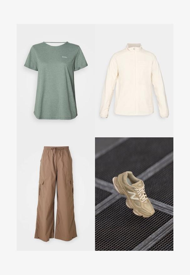 Jachetă albă ușoară, cu guler înalt, fermoar complet pe față, mâneci lungi, având un buzunar pe piept și un logo subtil pe partea stângă sus.; Cămașă verde cu mânecă scurtă, cu guler rotund și logo-ul Roxy imprimat în alb. Fabricată dintr-un material moale, texturat, cu o croială lejeră.; Pantaloni cargo maro, cu croială largă, talie cu șnur și buzunare laterale cu clapetă, cu design cu picioare largi, expuși pe un fundal alb.; Încălțăminte sport bej, fabricată din materiale de nylon și daim, cu un superior texturat, vârf rotunjit, talpă groasă și logo proeminent. Șireturile sunt de aceeași culoare.