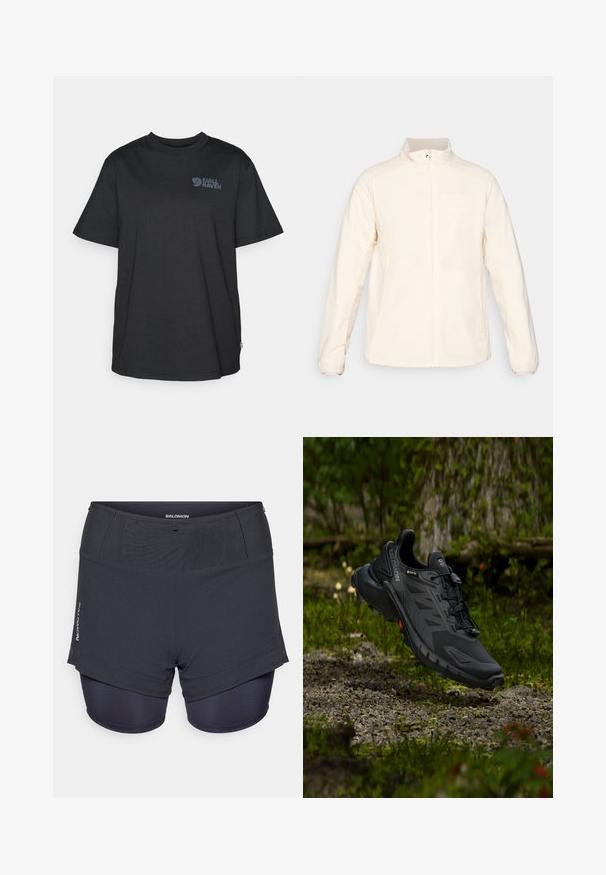 Fehér, könnyű dzseki magas gallérral, teljes cipzárral az elülső részen, hosszú ujjak, mellzseb és diszkrét logó a bal felső részen.; Fekete pamut póló rövid ujjal, kerek nyakkal, szürke logónyomattal a bal felső oldalon és egy kis svéd zászlóval a díszítésen.; Sötétszürke sportnadrág belső szorító béléssel, textúrált felülettel és az "Salomon" logóval az oldalán.; Fekete Salomon Gore-Tex terepfutó cipő, amely levegőben látható egy sziklás erdei talaj felett, elmosódott zöld lombokkal a háttérben.