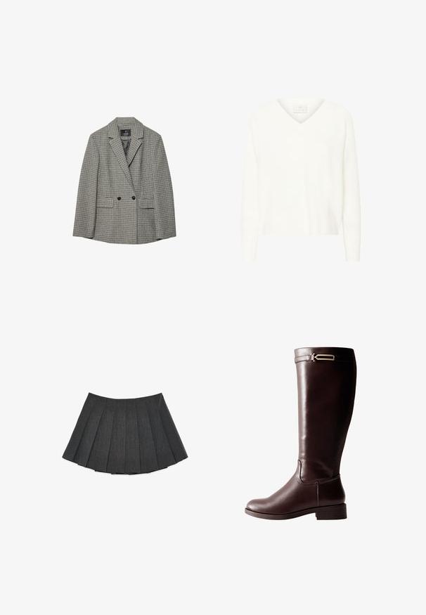 Blazer à motif pied-de-poule en noir et blanc, en tissu léger, design croisé, revers crantés et deux poches avant.; Pull blanc en V en tissu doux, avec des manches longues et une coupe décontractée. Texture côtelée discrète le long des poignets et de l'ourlet.; Jupe plissée en gris foncé, fabriquée à partir d'un tissu texturé. Elle présente une silhouette évasée avec des plis régulièrement espacés et une taille plate.; Botte en cuir marron foncé, montant jusqu'au genou, avec un petit talon bloc et une boucle décorative en métal doré près du haut.